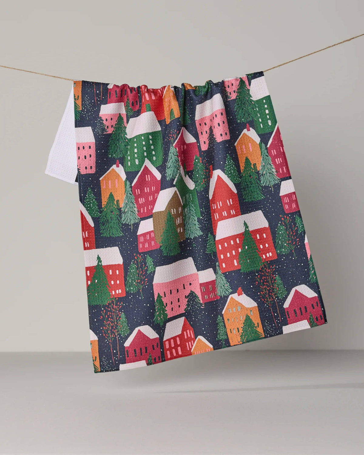 Geometry Alpine Village print cotton tea towel, holiday kitchen textile