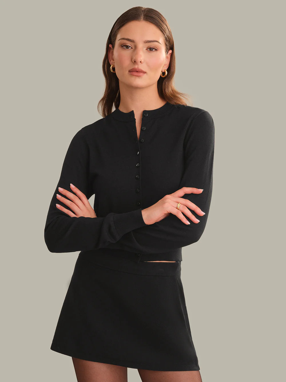 Winona Longsleeve Button Crew Cardi, Black