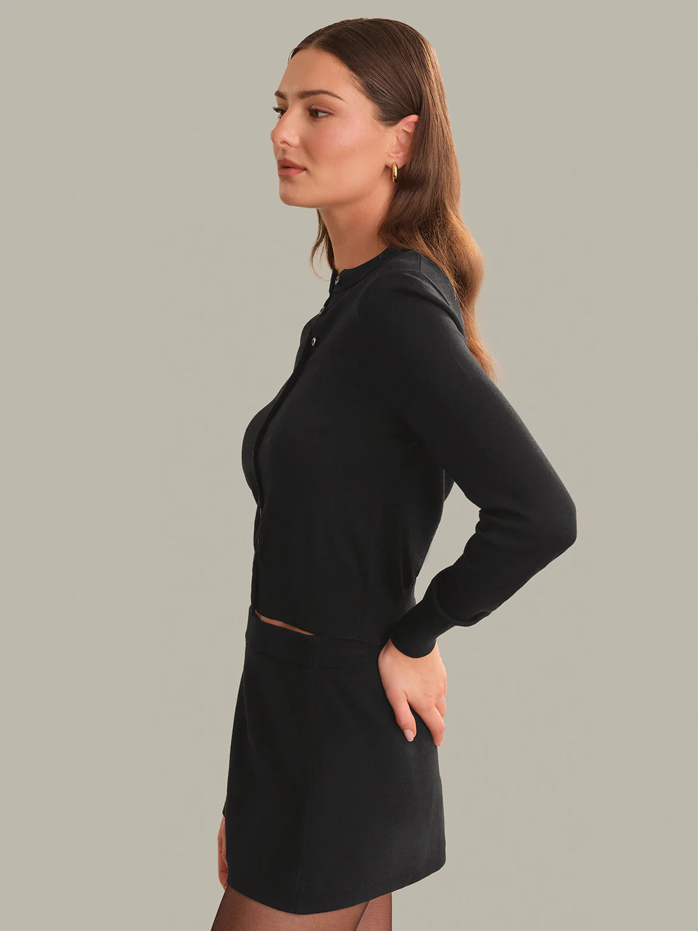 Winona Longsleeve Button Crew Cardi, Black