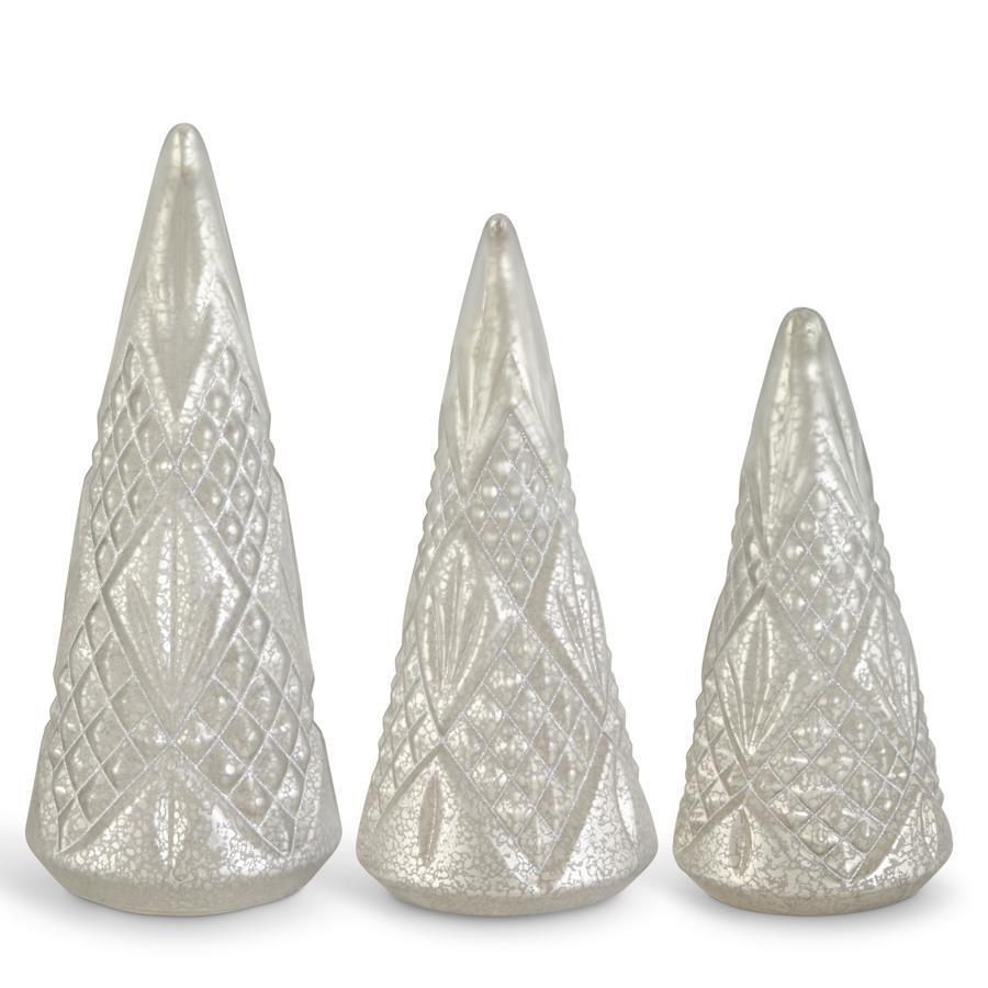 Matte Silver Mercury Glass Embossed LED Trees w/Timers, 3 sizes