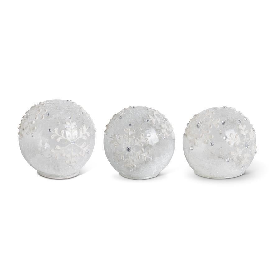Clear LED snowflake tabletop glass globes, 3 sizes