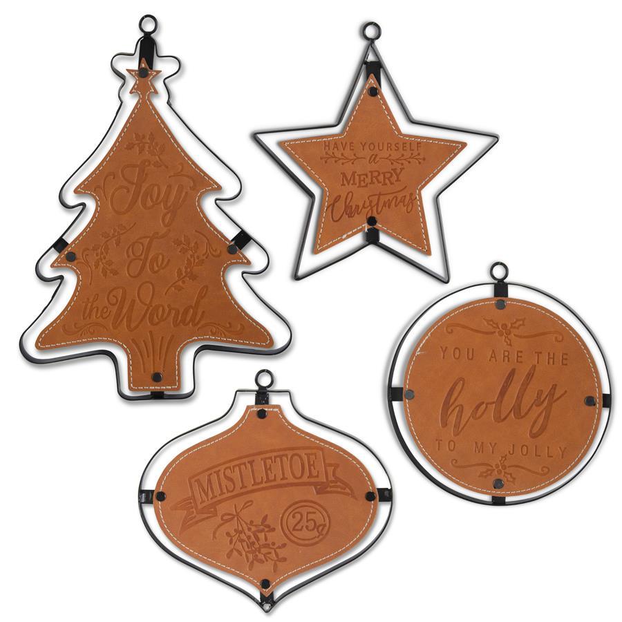 Assorted Dark Metal & Leather Cutout Christmas Ornaments (4 Styles
