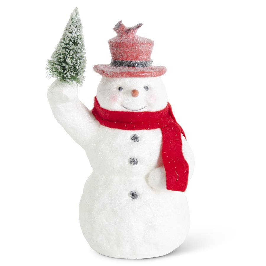 Sugar Glittered Snowman Holding Tree w/Red Top Hat