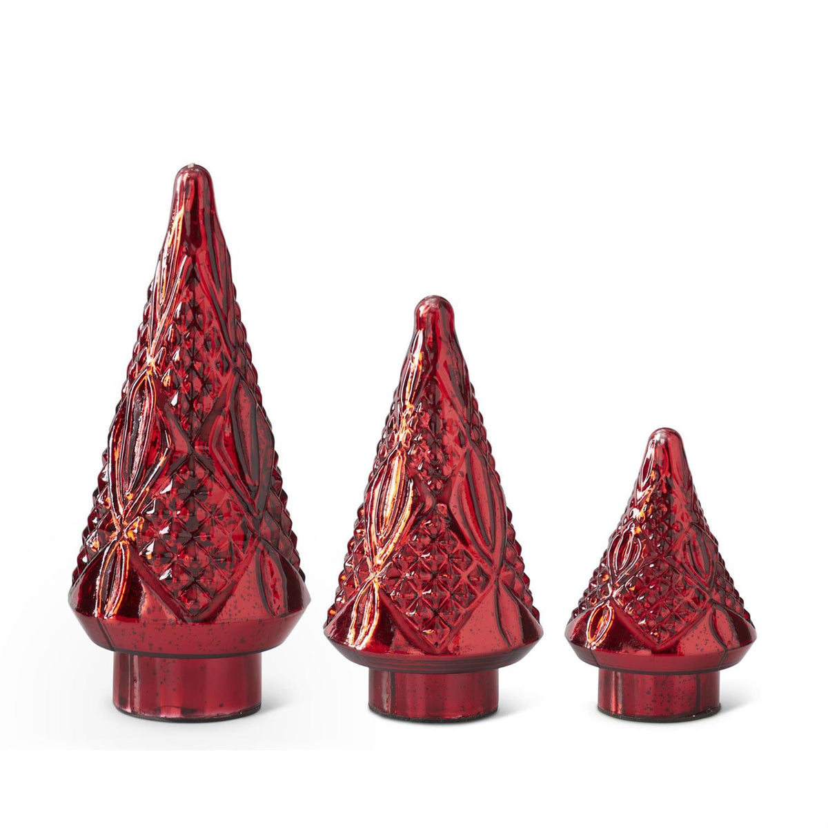 Red Mercury Glass Embossed Trees, 3 sizes
