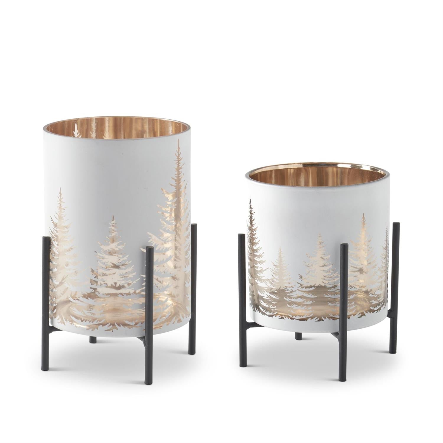 White Glass Candleholder on Metal Stand w/Tree Cutout, 2 sizes