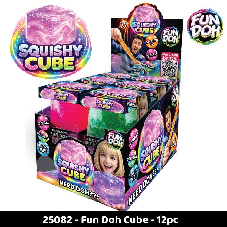 Novelty Brands Fun Doh Squish & Squeeze Sparkle Cube fidget toy, glitter dough-like texture