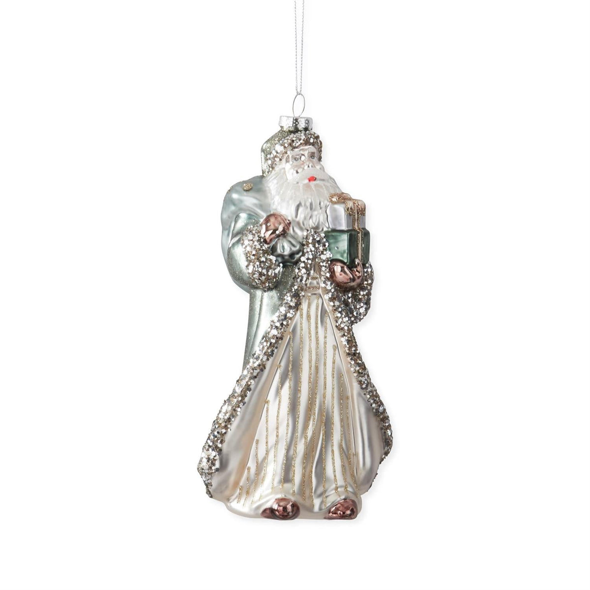 Glass Vintage Santa with Silver Cape & Presents, 8"