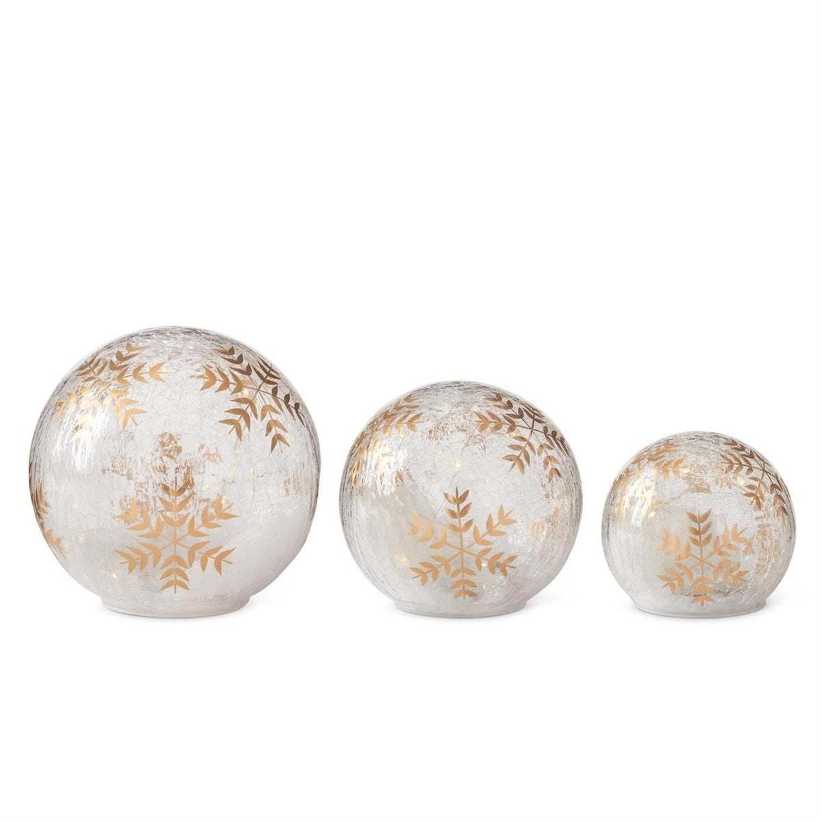 Gold hand painted snowflake LED crackled glass globes, set of 3 sizes