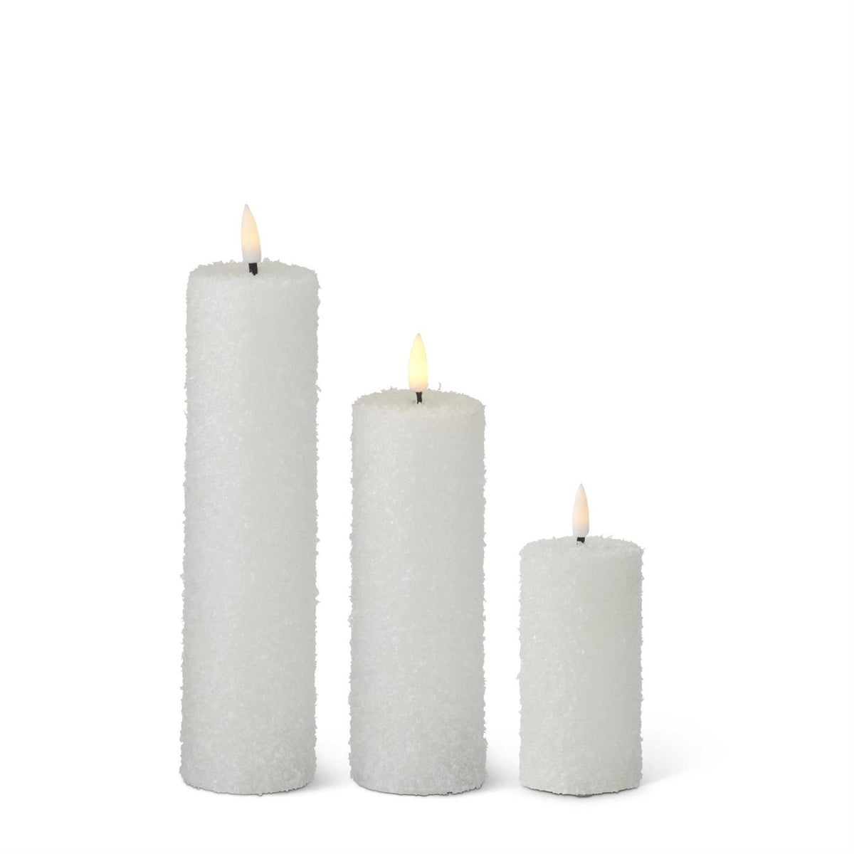 Slim White Snowy LED Pillar Candles w/Timer, 3 sizes