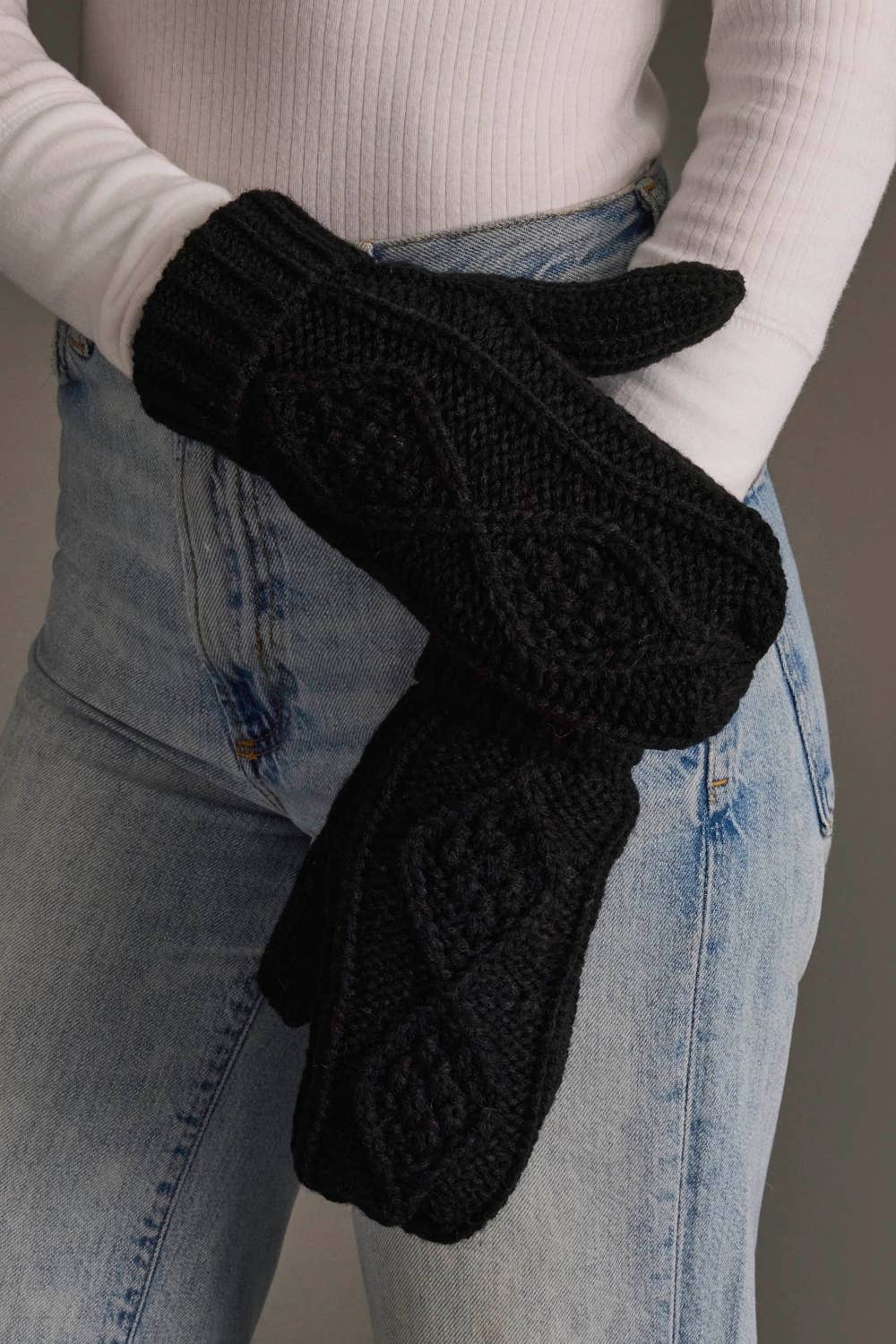 Panache Apparel Co. black cable knit mittens, fleece-lined