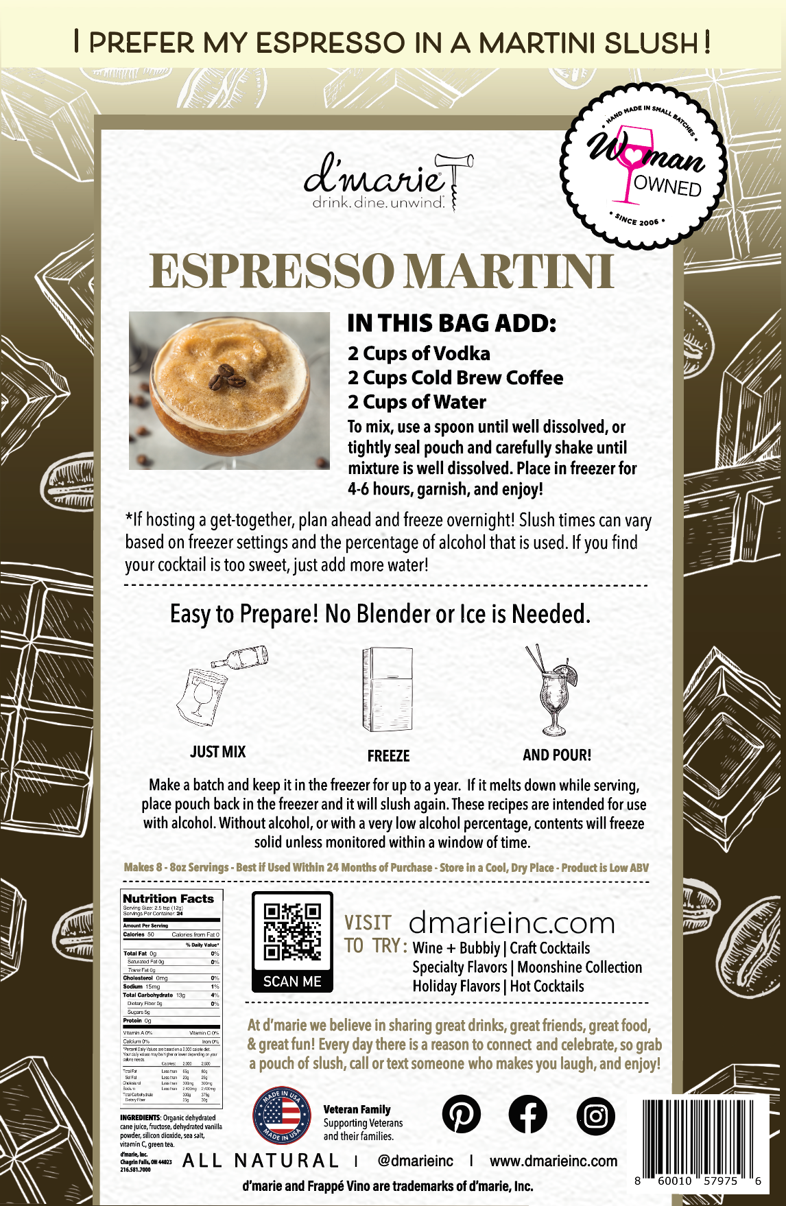 d'marie inc. Espresso Martini ready-to-freeze cocktail pouch