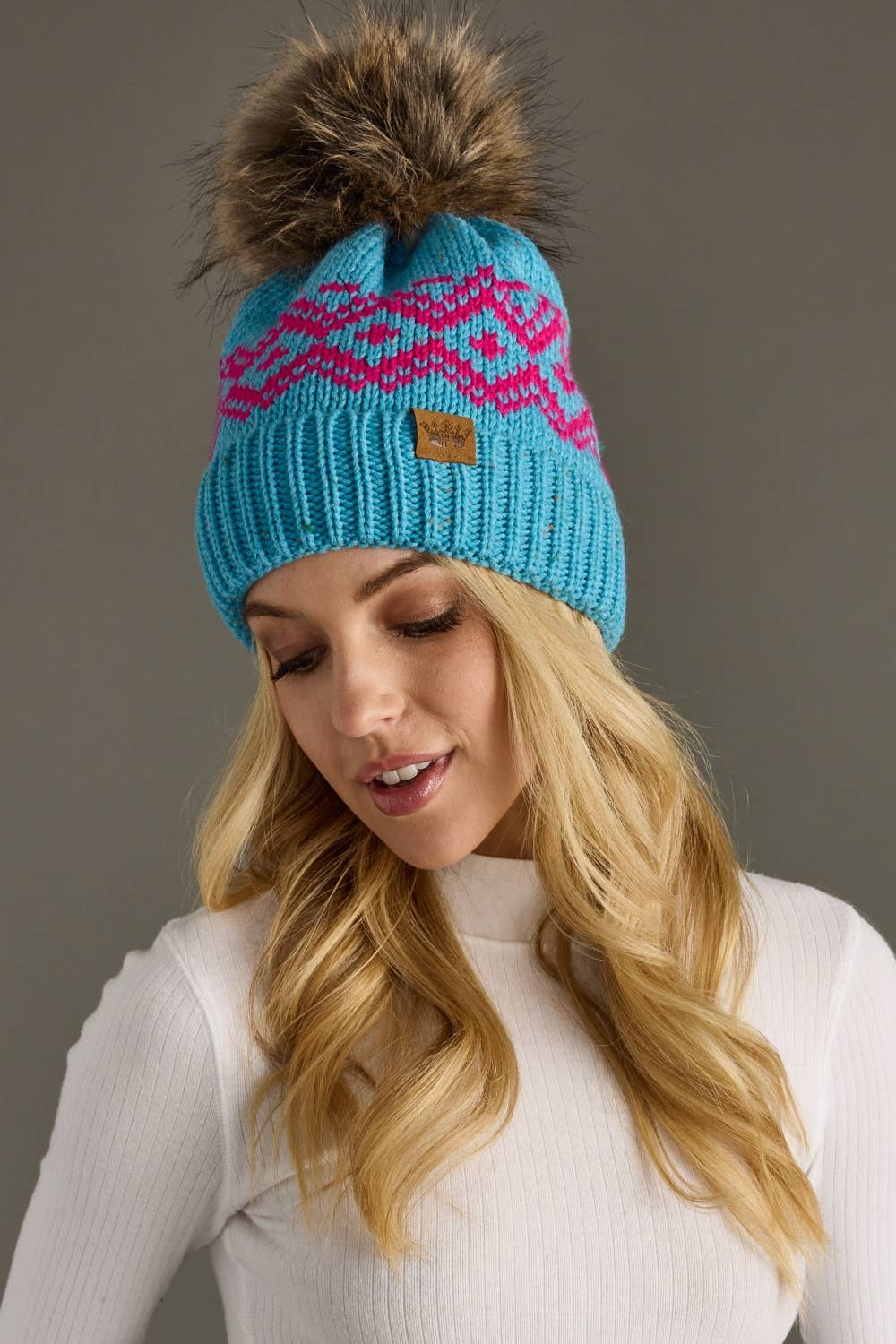 Blue & Speckled Patterned Pom Hat