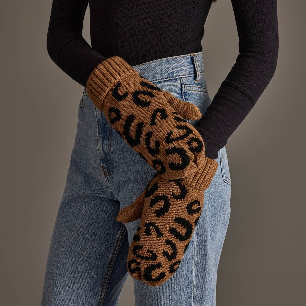 Panache Apparel Co. camel leopard print knit mittens with ribbed cuff