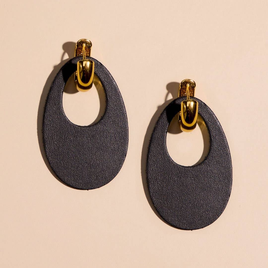 Black Olivia Leather Hoop Earrings