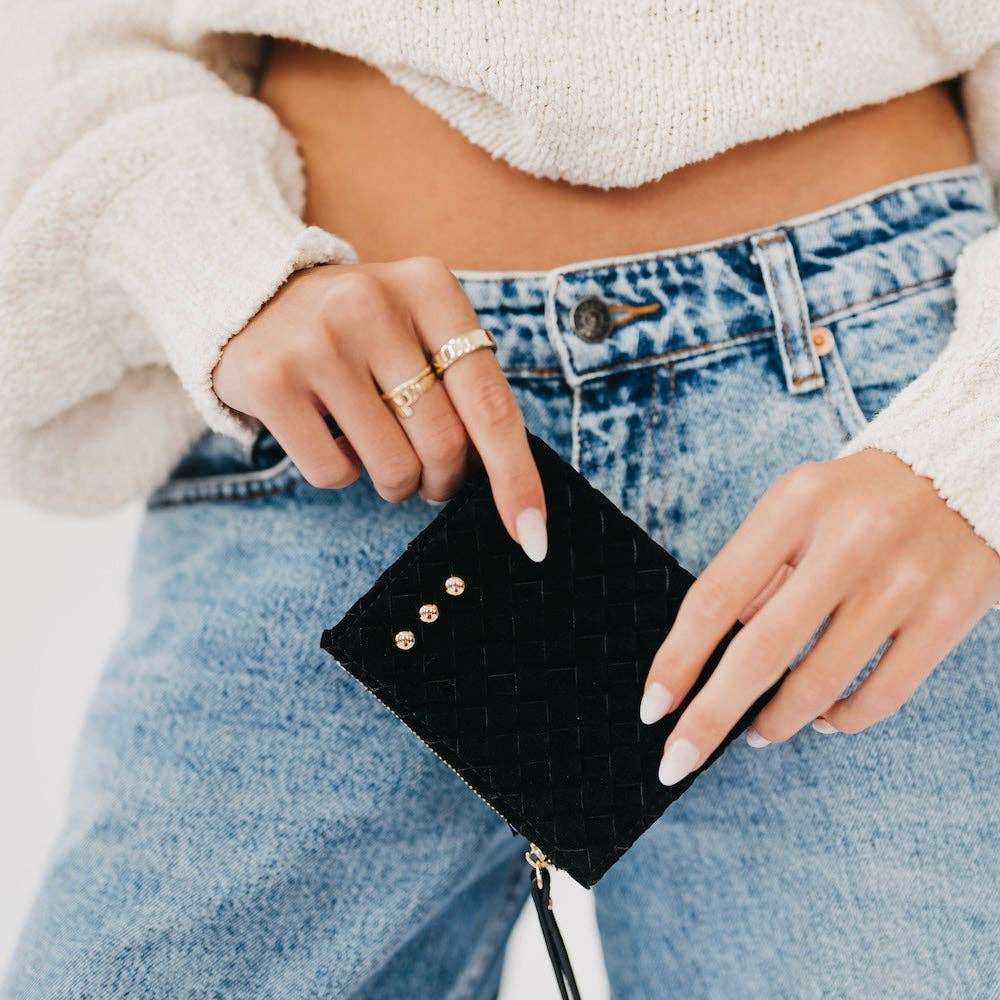 Pretty Simple Kat faux suede wallet in chocolate, camel, and black