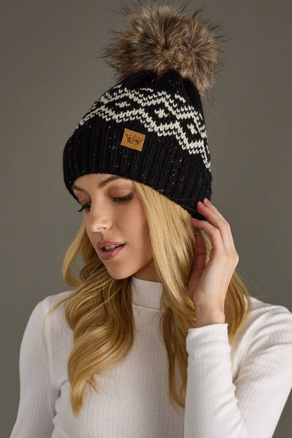 Black & Speckled Patterned Pom Hat