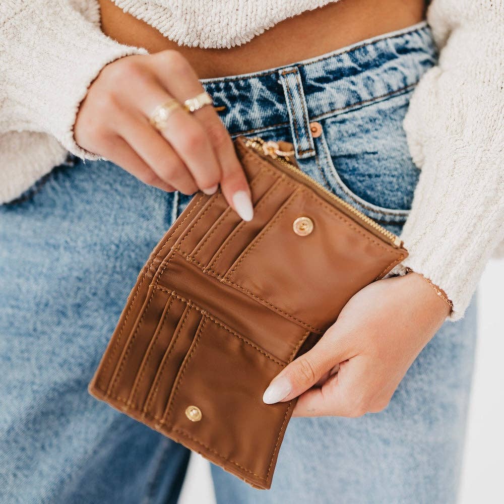 Pretty Simple Kat faux suede wallet in chocolate, camel, and black