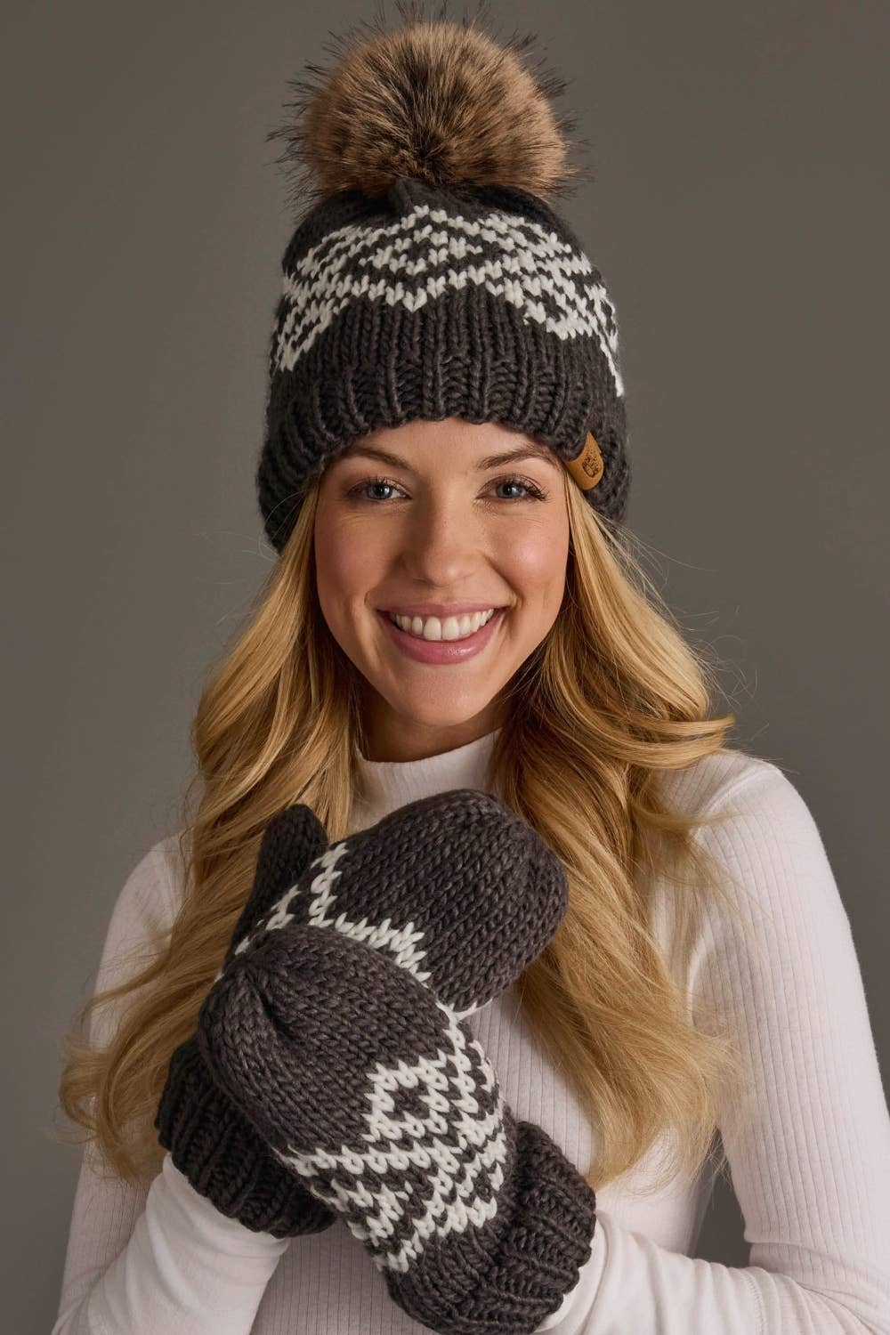 Panache Apparel Co. dark gray and white geometric knit mittens with ribbed cuffs