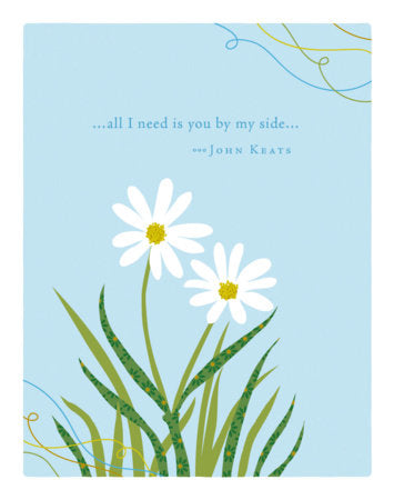 A square art print or card featuring two white daisies with yellow centers and green leaves on a light blue background, with the quote '.