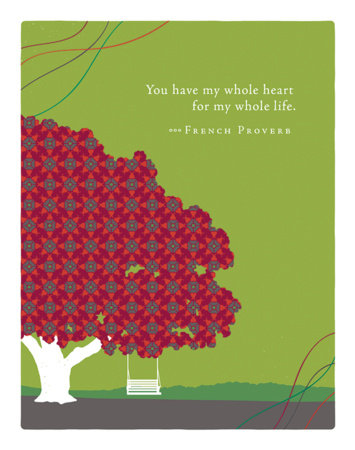 A square art print featuring a stylized tree with a red and gray patterned canopy, a white trunk and branches, and a white swing. The background is olive green with the quote 'You have my whole heart for my whole life.