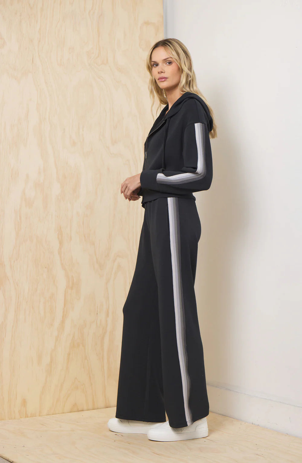 Striped Cloud Fleece Wide Leg Pant, Black