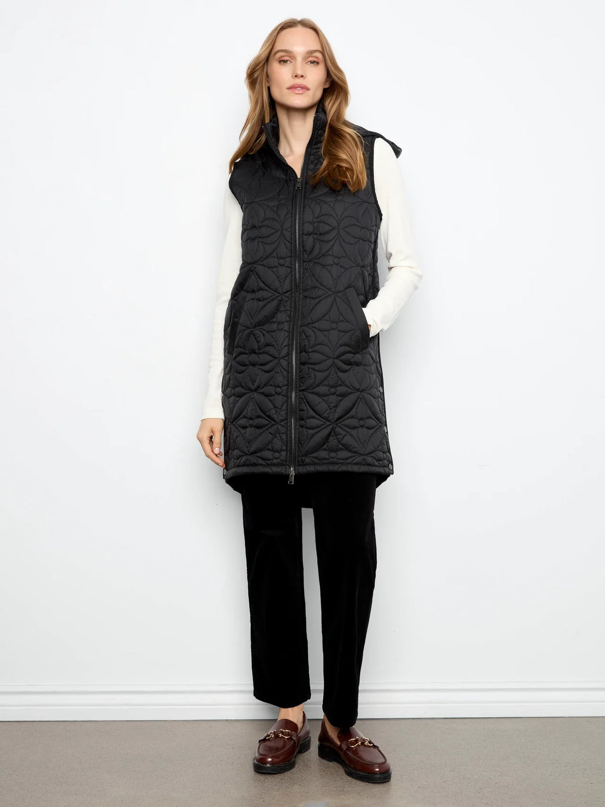 Long Hooded Puffer Vest, Black