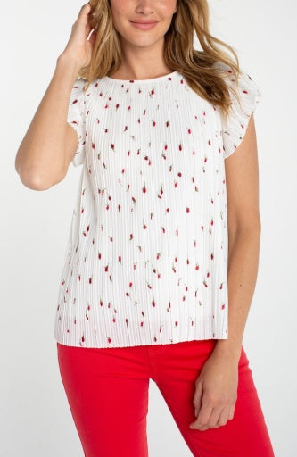 Flutter Sleeve Boat Neck Knit Top, White & Red Floral