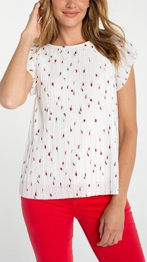 Liverpool flutter sleeve boat neck knit top, white and red floral, styled view
