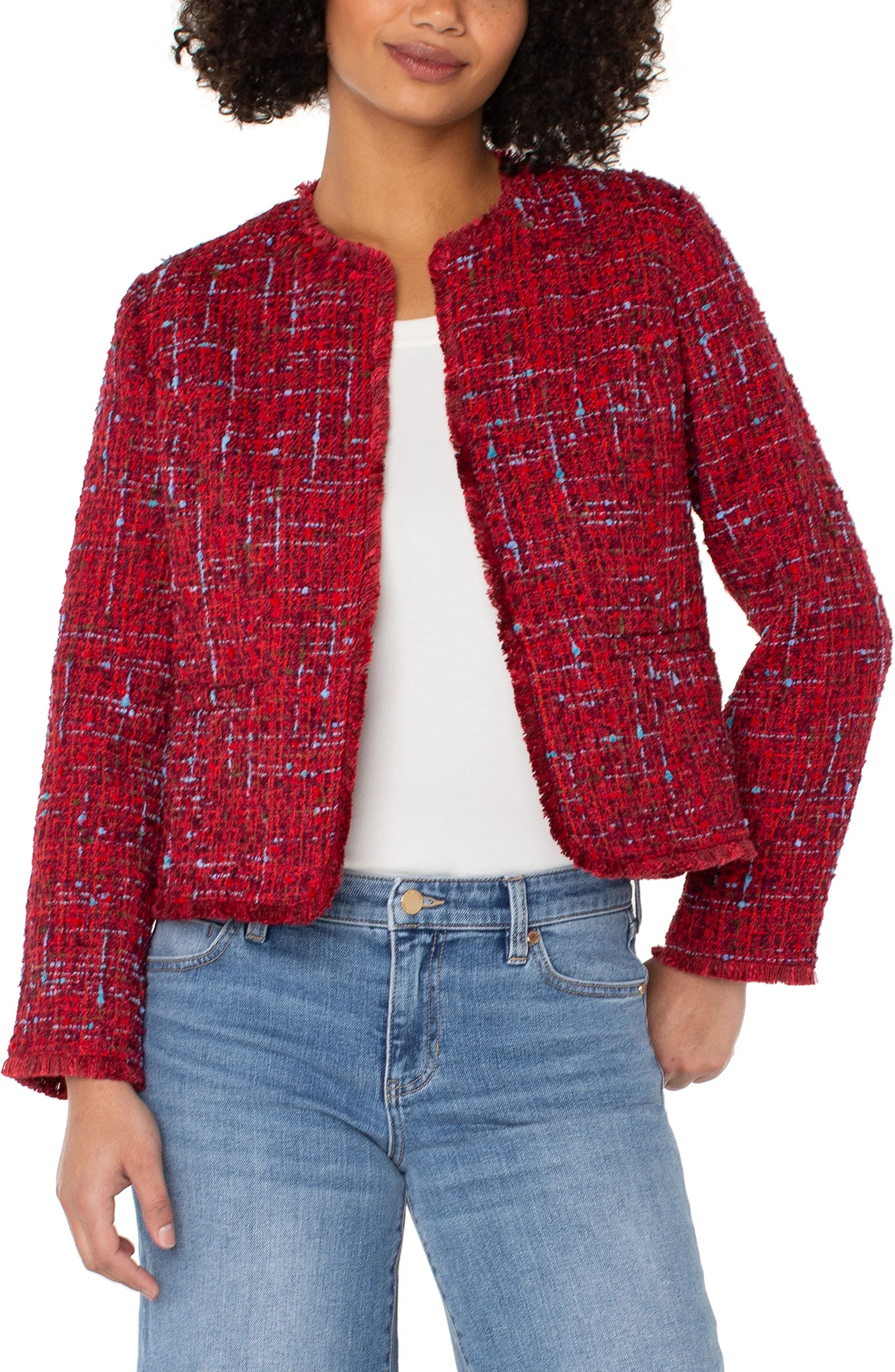 Collarless Jacket With Frayed Edges, Red Multi Boucle