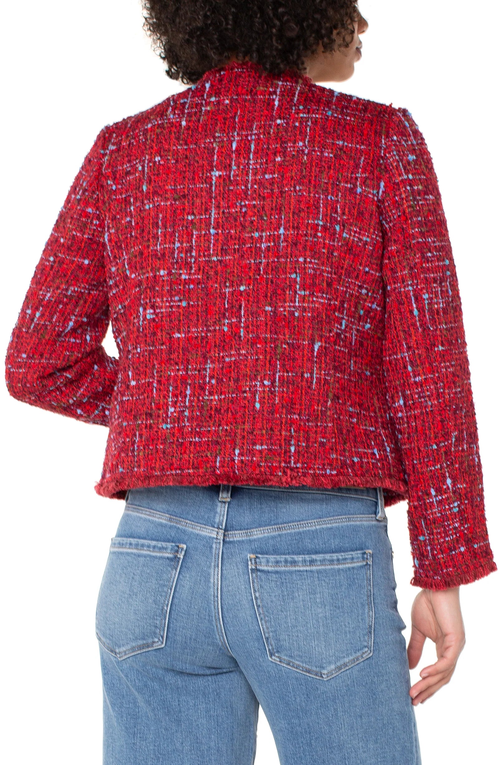 Collarless Jacket With Frayed Edges, Red Multi Boucle