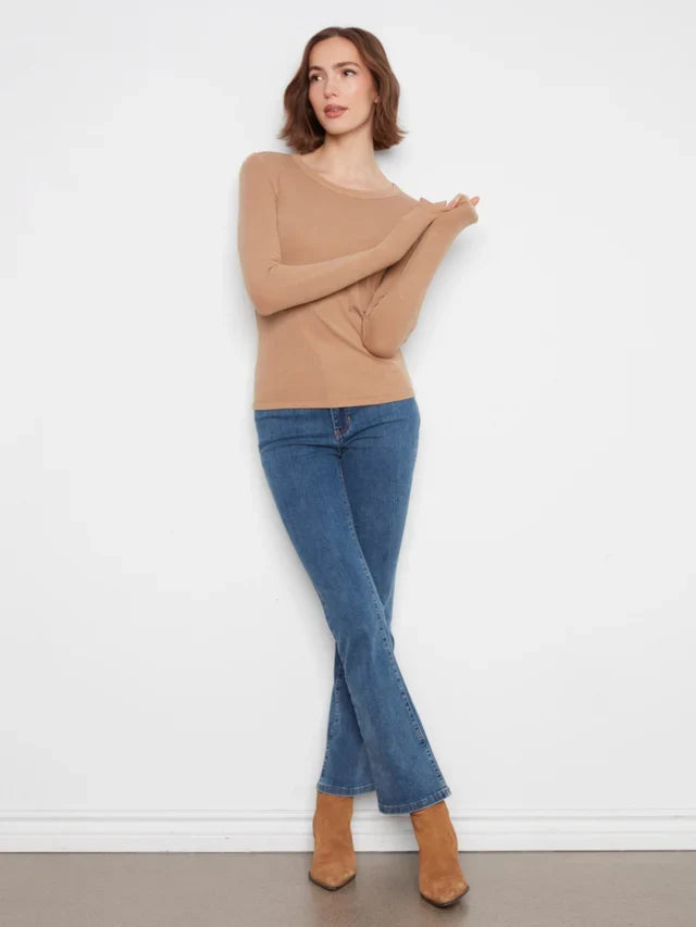 Truffle beige ribbed long sleeve crew neck top by Charlie B in a cotton-tencel blend