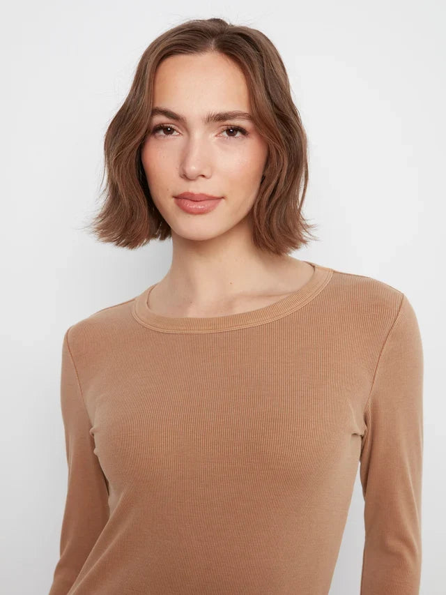 Truffle beige ribbed long sleeve crew neck top by Charlie B in a cotton-tencel blend