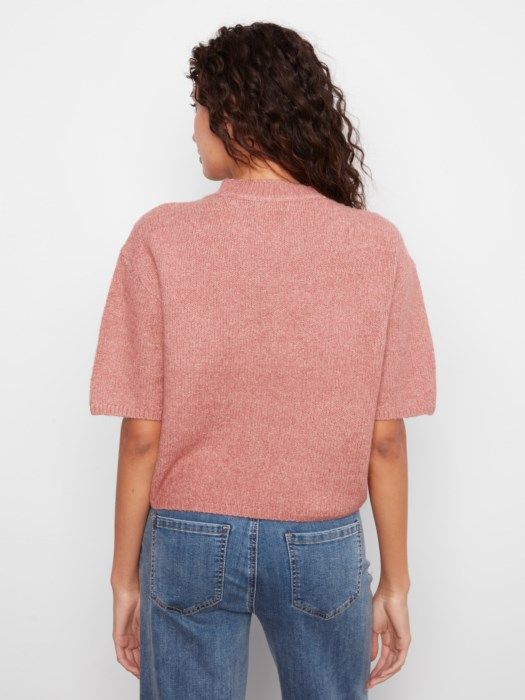 Rose balloon elbow sleeve knit sweater by Charlie B with mock neckline