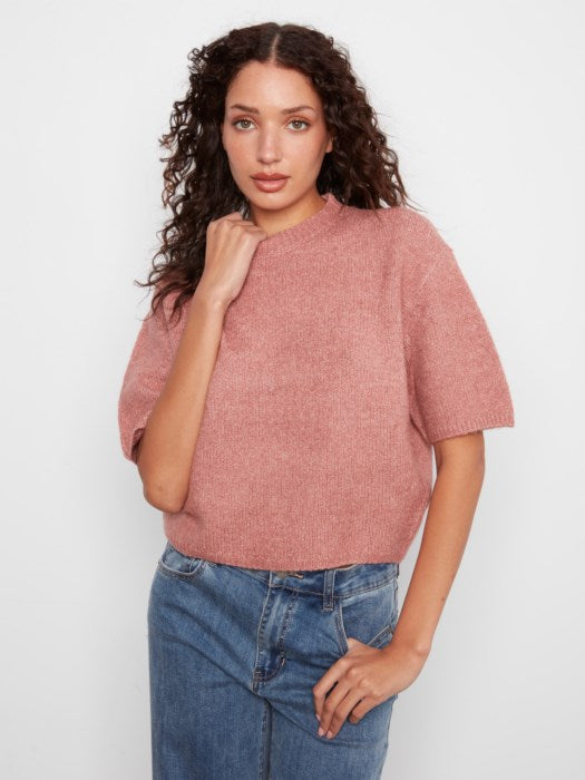 Rose balloon elbow sleeve knit sweater by Charlie B with mock neckline