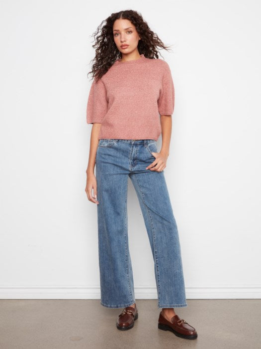 Rose balloon elbow sleeve knit sweater by Charlie B with mock neckline