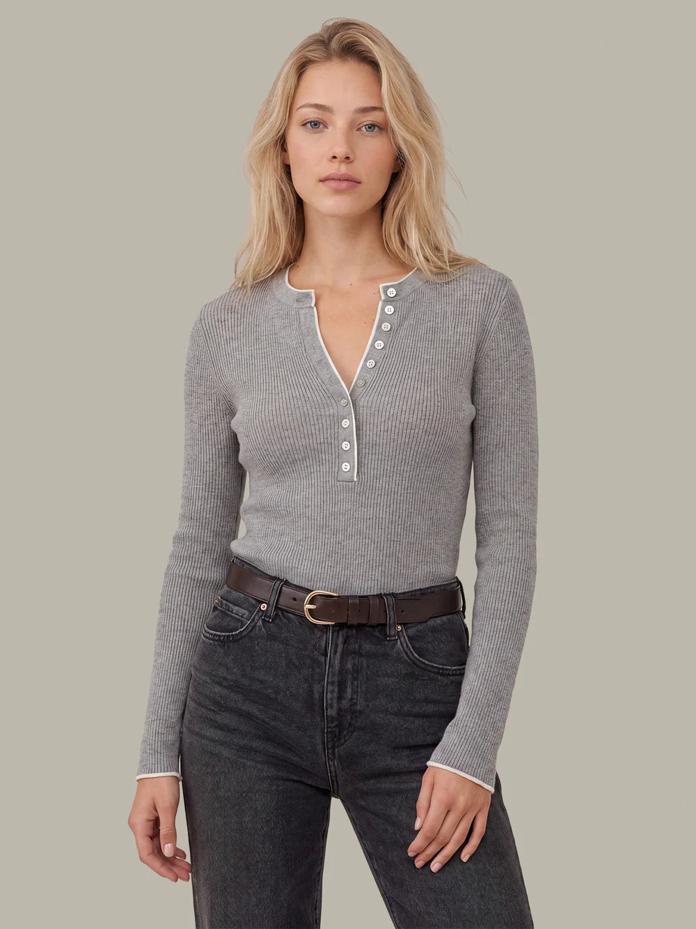 Emmeline Rib Layer Henley, Heather Grey Combo