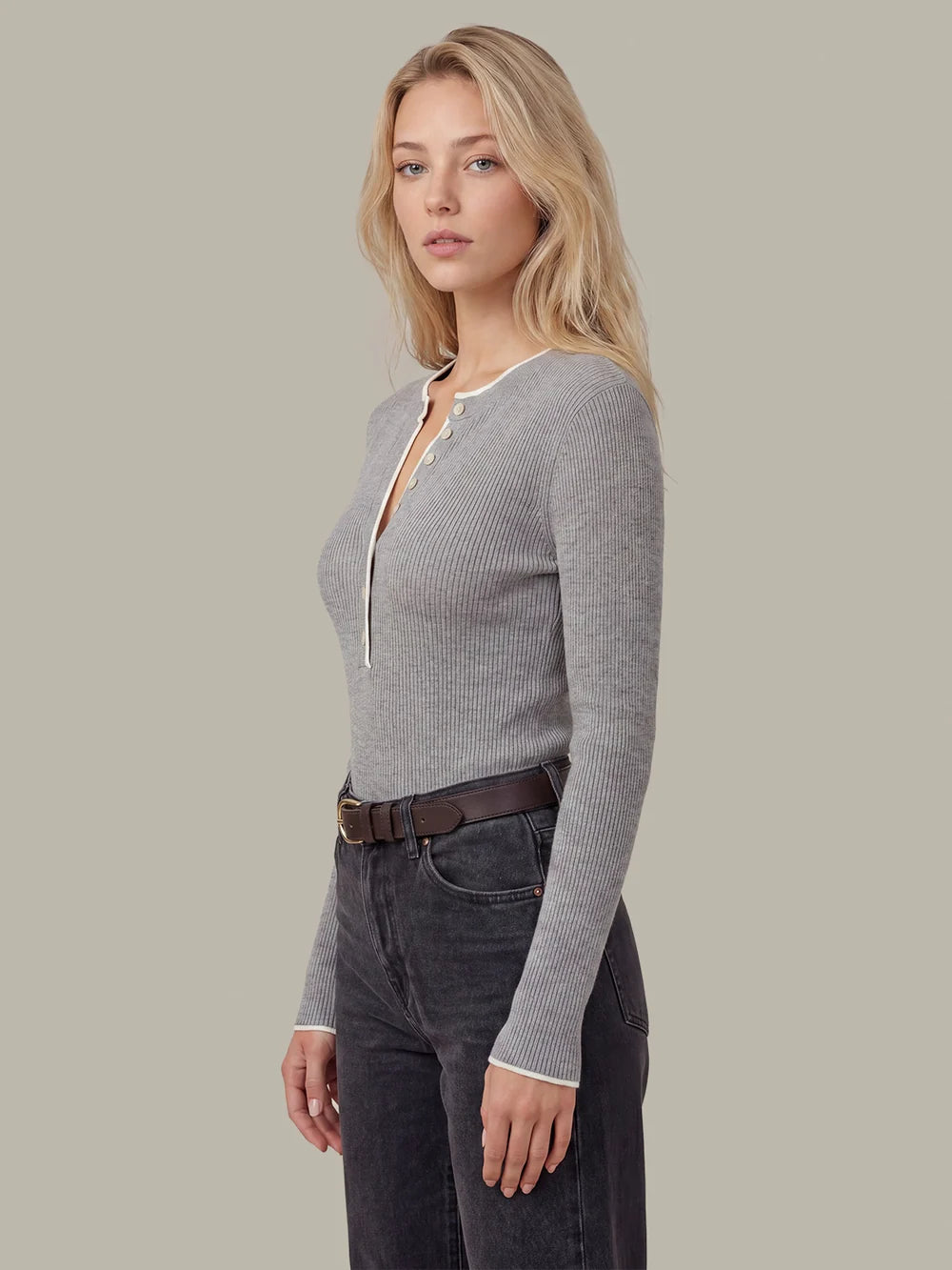 Emmeline Rib Layer Henley, Heather Grey Combo