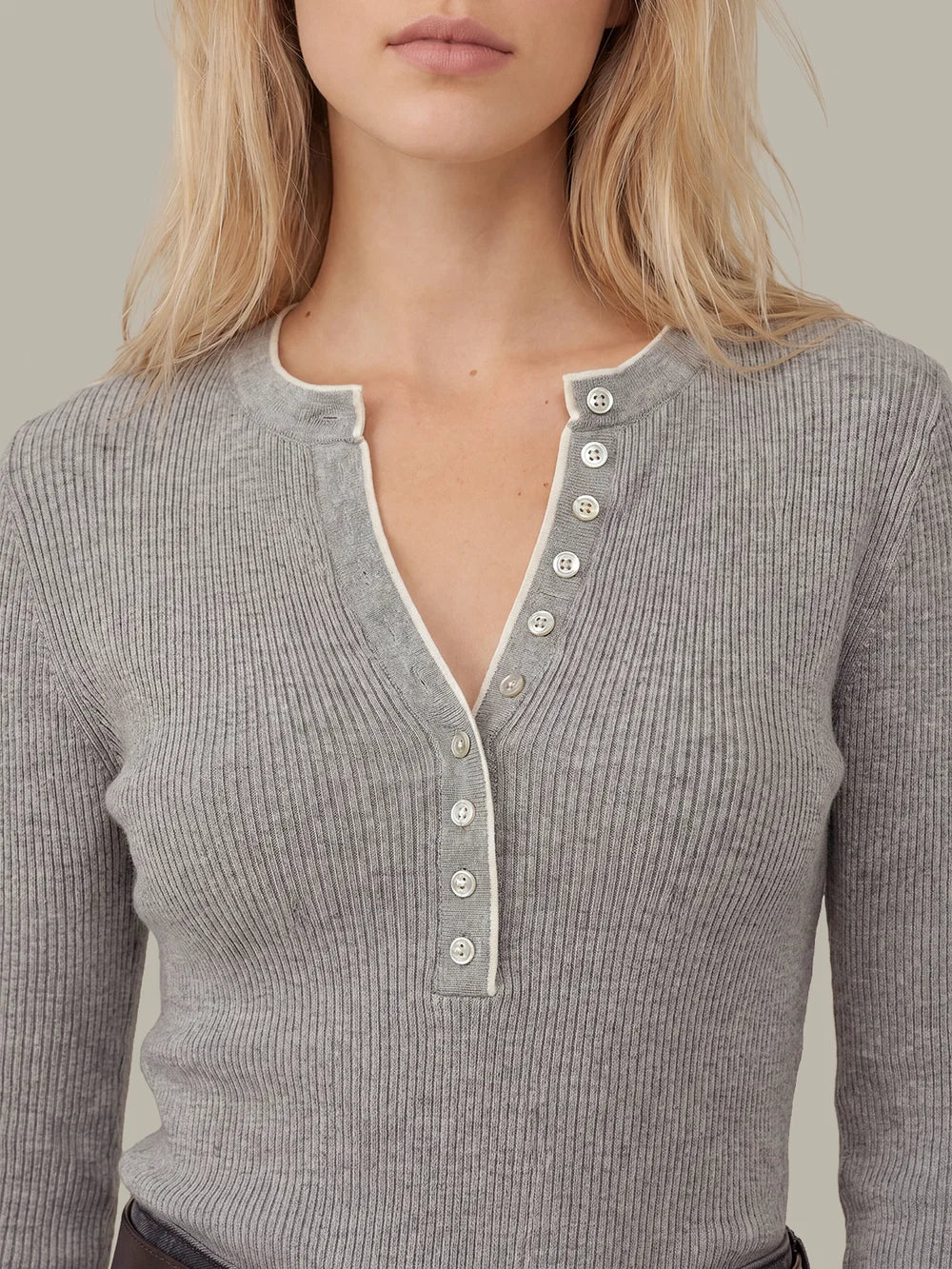 Emmeline Rib Layer Henley, Heather Grey Combo