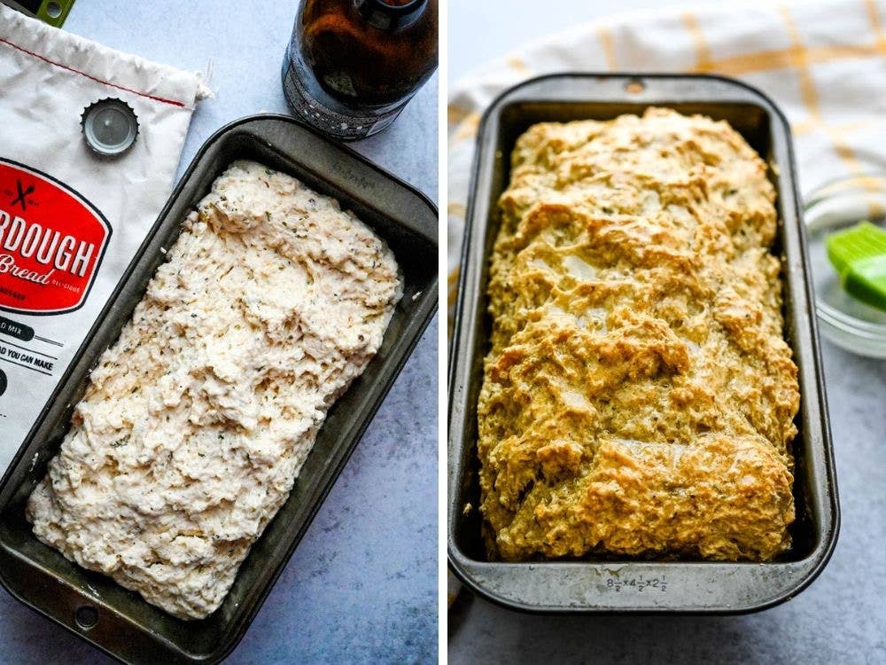 Before and after baking process of a loaf of bread with a 'Bread' packaging label.