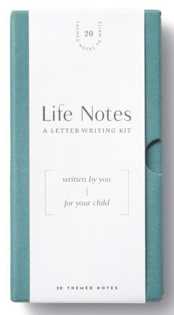 Life Notes letter writing kit packaging with teal cover and white front panel.