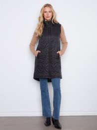 Black long hooded puffer vest by Charlie B with zip closure and welt pockets