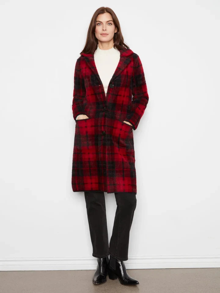Long plaid knit coatigan by Charlie B with tailored neckline, button closure, and hip patch pockets