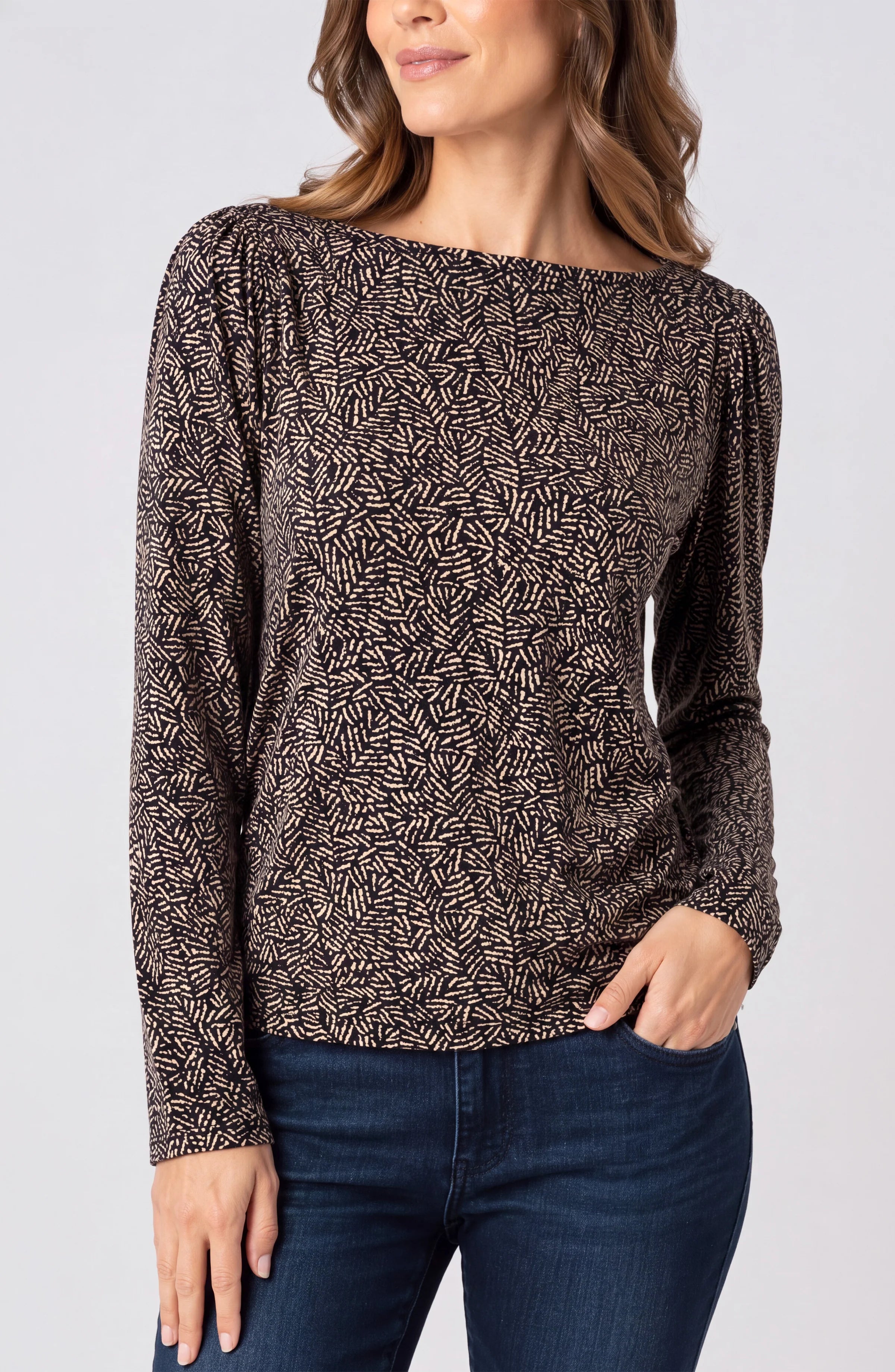 Long Sleeve Jewel Neck Knit Top with Shirring