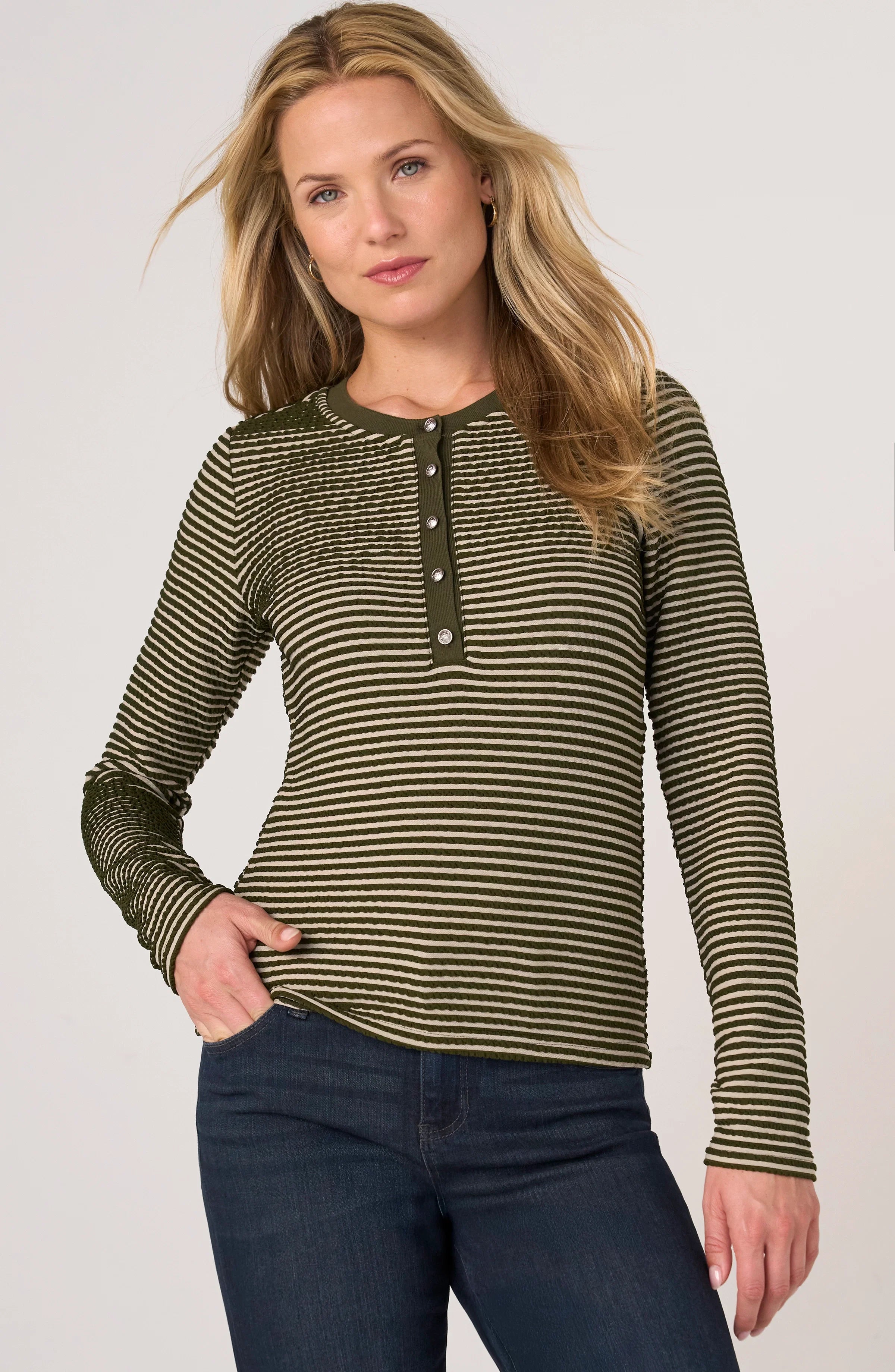 Long Sleeve Knit Henley Top with Sweater Trim