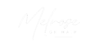 White Melrose on Main logo with text on a white background