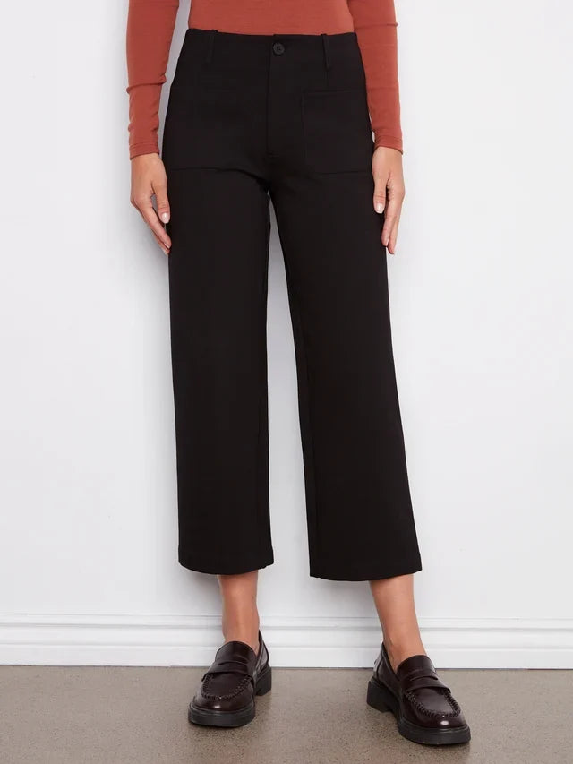 Black wide leg ponte pants by Charlie B with patch pockets and cropped length