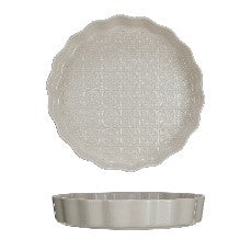 Embossed stoneware fluted pie dish with snowflakes, 11 inches round