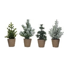 Faux pine tree in paper pot, 10.25 inches, 4 styles