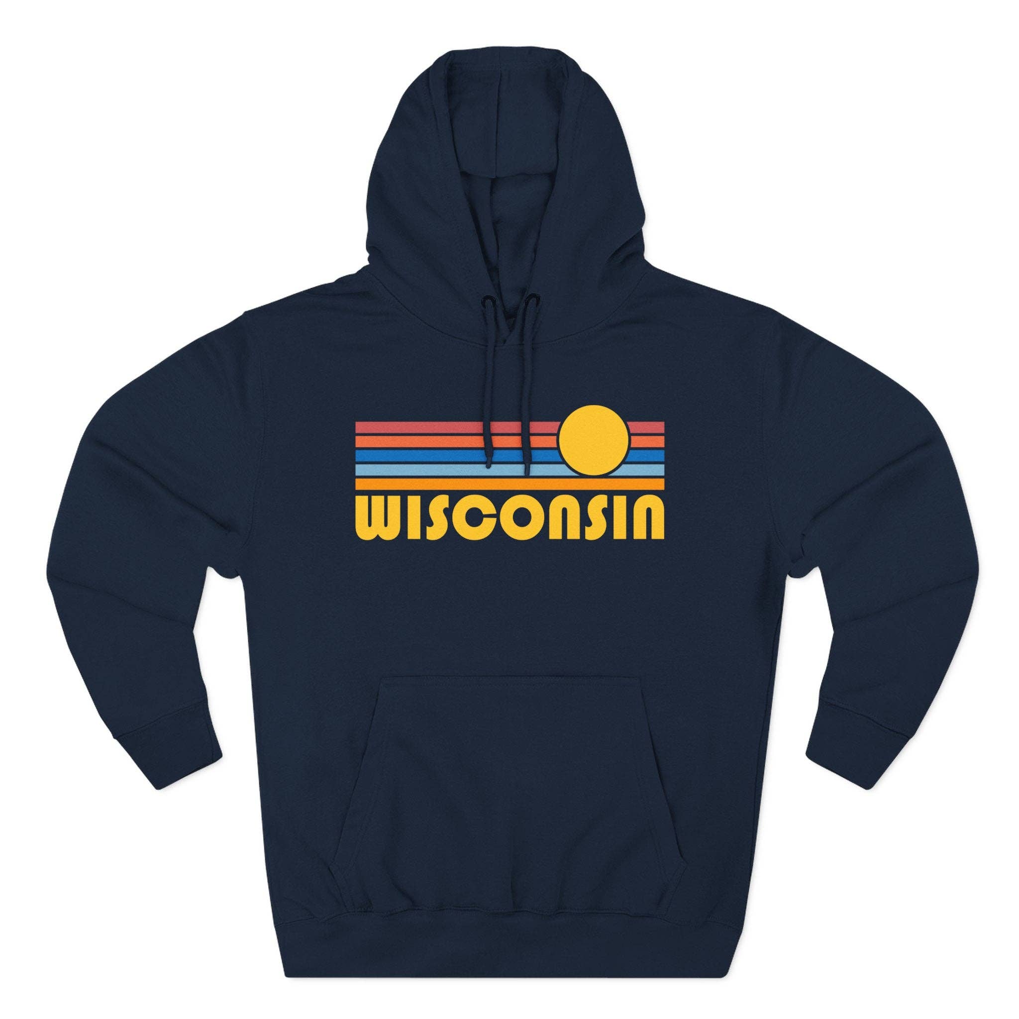 A navy blue pullover hoodie with a retro-style graphic on the chest featuring horizontal stripes in red, orange, and blue, a yellow sun, and the word 'MINNEAPOLIS' in yellow. The hoodie is shown against a plain white background.