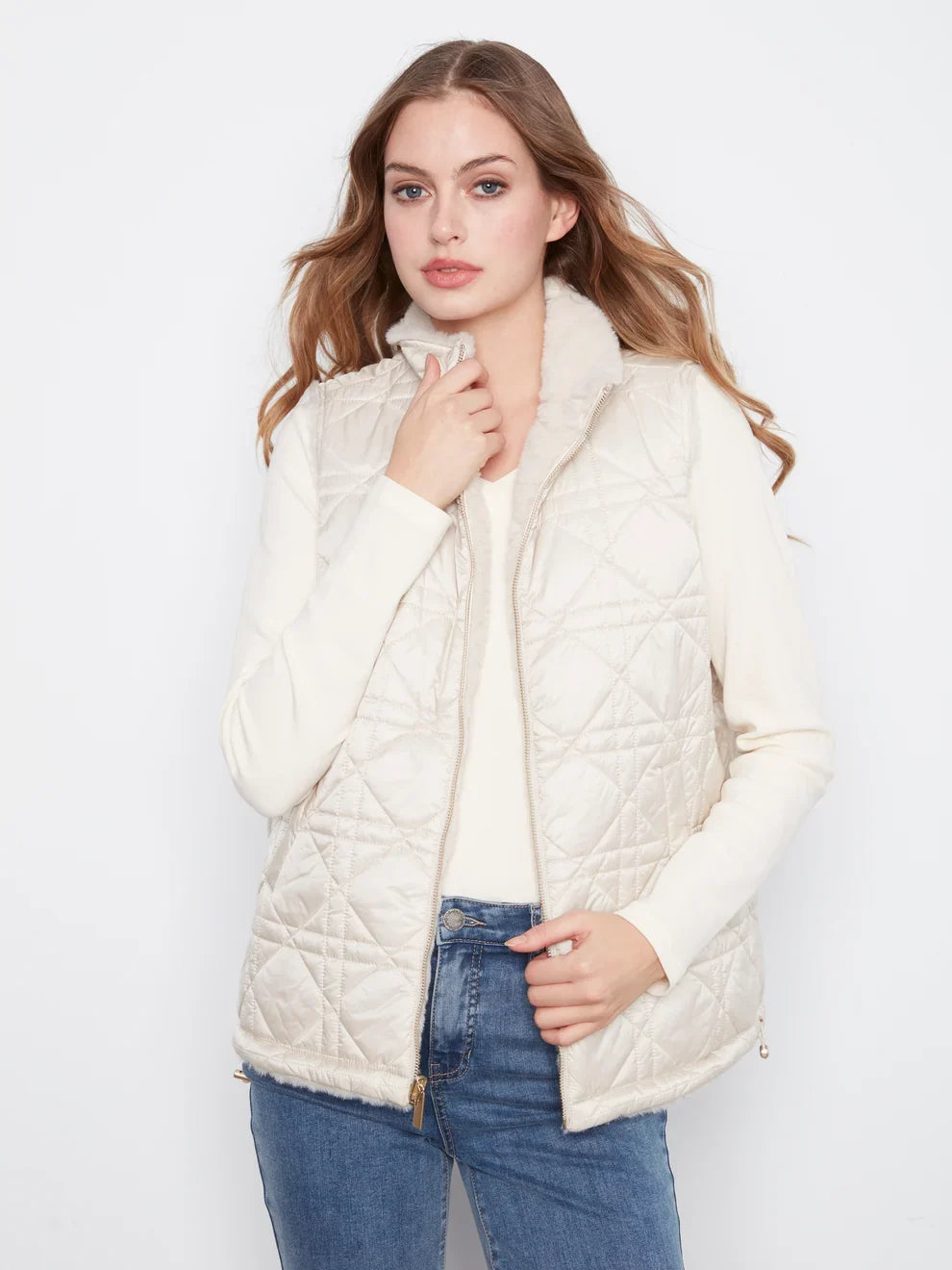 Pearl reversible vest by Charlie B with faux fur on one side and quilted fabric on the other, zip front, sleeveless